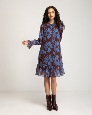 Vestido corto marrón con flores azules Nara