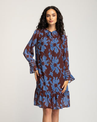 Vestido corto marrón con flores azules Nara