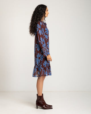 Vestido corto marrón con flores azules Nara