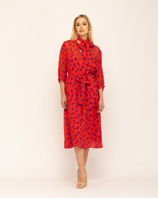 Vestido midi con cuello pico con lazo