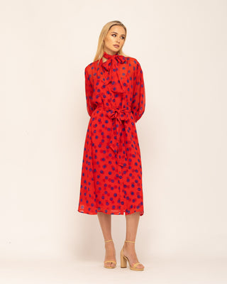 Vestido midi con cuello pico con lazo