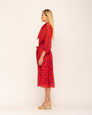 Vestido midi con cuello pico con lazo