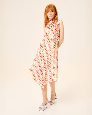 Vestido midi Ondine asimétrico con cuello alto y lazo