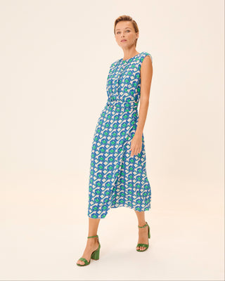 Vestido midi Eda estampado con escote redondo y hombreras
