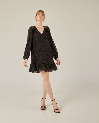 Vestido corto con volante y goma metálica lurex