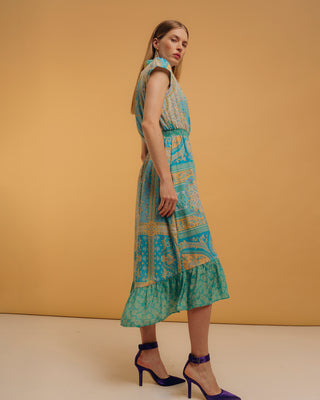 Vestido midi con nido de abeja y estampados combinados