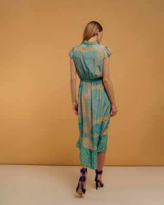 Vestido midi con nido de abeja y estampados combinados