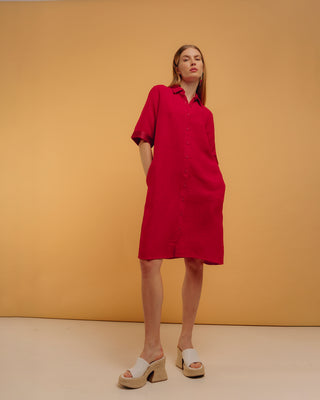 Vestido corto camisero lino rojo
