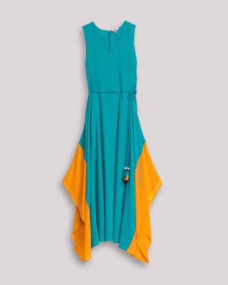 Vestido largo con volantes contraste