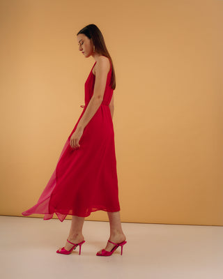 Vestido largo con volantes contraste