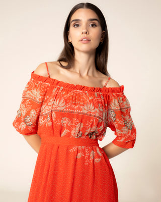 Representación visual de vestido estampado naranja manga larga zinnia