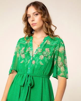 Representación visual de vestido verde manga francesa gardenia
