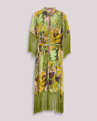 Vista destacada de vestido midi verde flecos malia