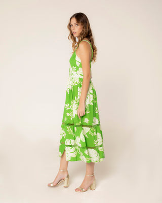 Detalle visual de vestido largo tropical tropic
