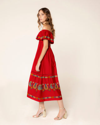 Captura principal de vestido estampado rojo escote bardot creta
