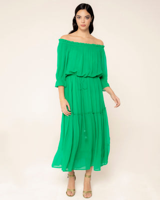 Foto representativa de vestido largo fluido verde madeira