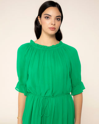Representación visual de vestido largo fluido verde madeira