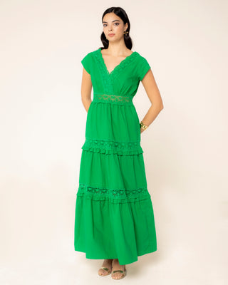 Representación visual de vestido largo encaje verde elisa