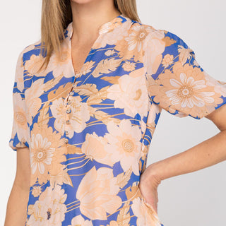 Vestido corto estampado con volantes azul