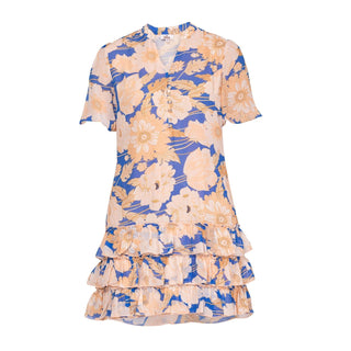 Vestido corto estampado con volantes azul