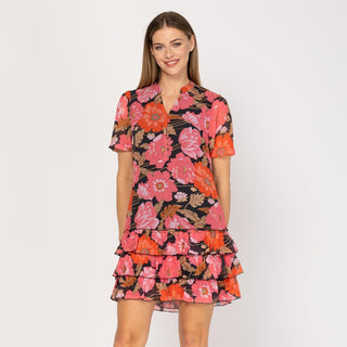 Vestido corto estampado con volantes negro