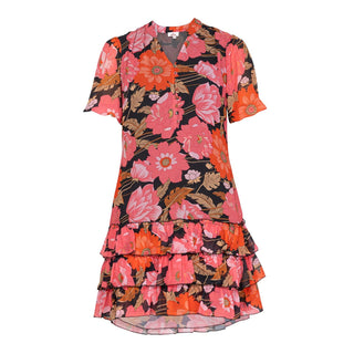 Vestido corto estampado con volantes negro