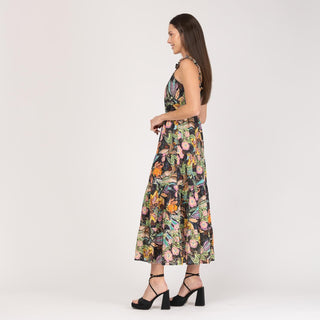Vestido largo con nido de abeja y algodón perforado