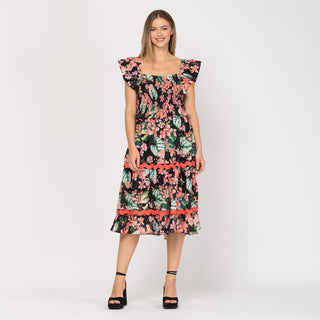 Vestido midi estampado con nido de abeja