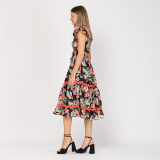 Vestido midi estampado con nido de abeja