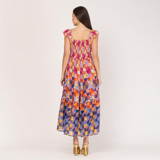 Vestido midi estampado con nido de abeja