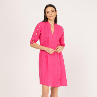 Vestido corto camisero 100% lino rosa