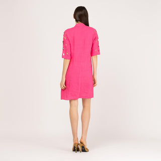 Vestido corto camisero 100% lino rosa