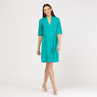 Vestido corto camisero 100% lino azul