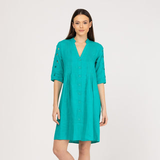 Vestido corto camisero 100% lino azul