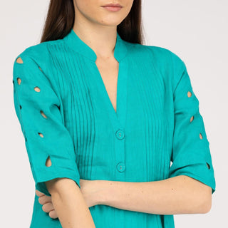 Vestido corto camisero 100% lino azul