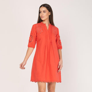 Vestido corto de algodón con bordado naranja